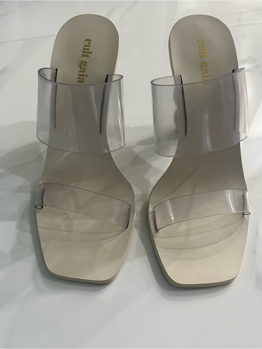cult gaia Cream Slide Sandals with Clear Straps
